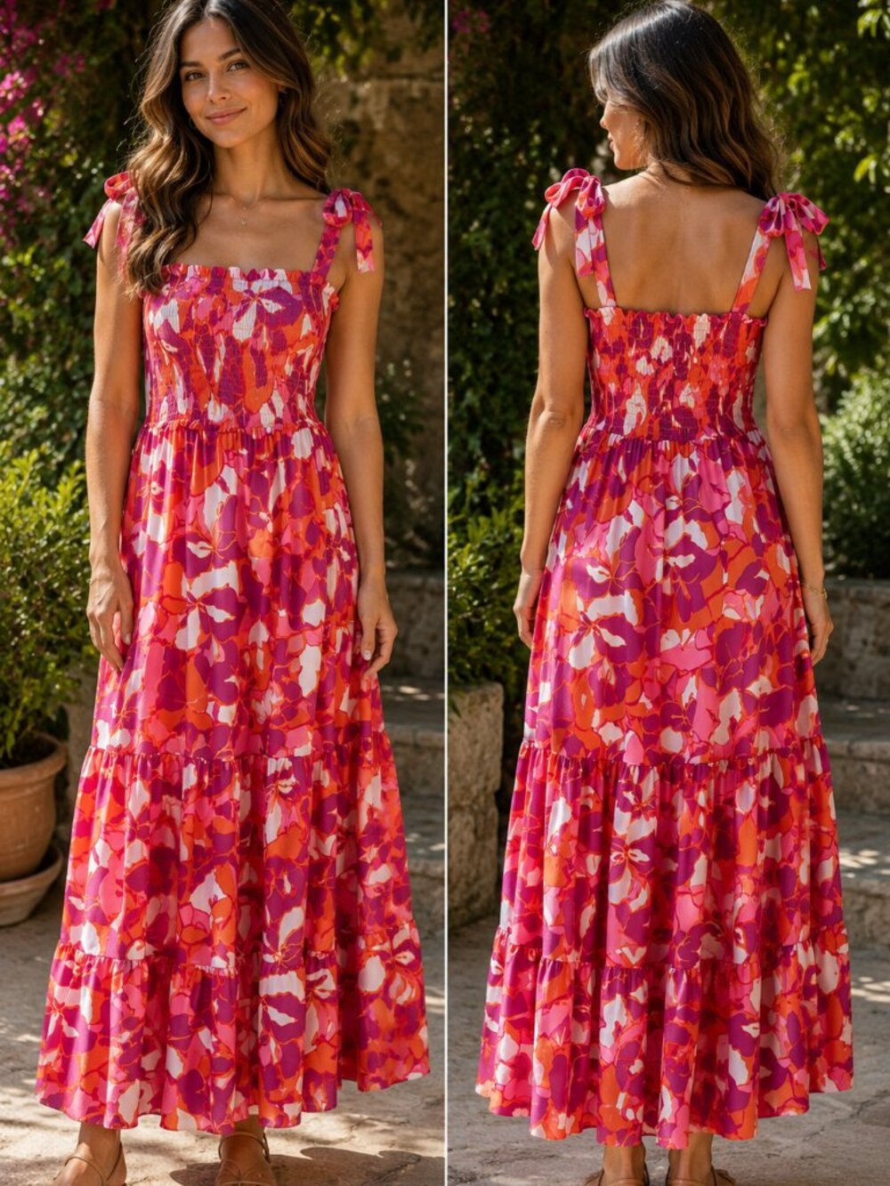 Floral Smocked Tie Shoulder Maxi Dress Size S